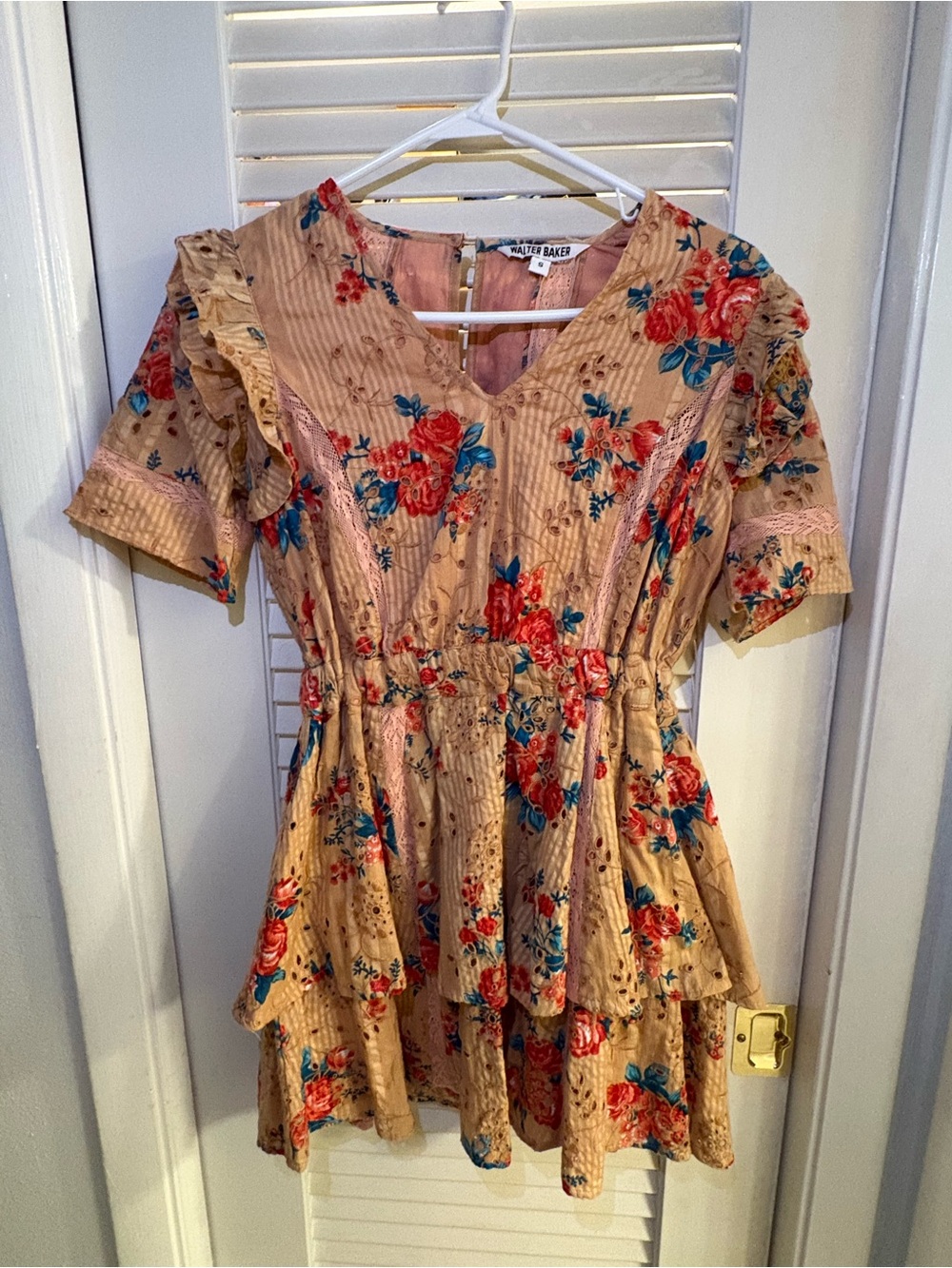 Peach Floral Ruffle Tiered Dress with Red and Blue Blooms